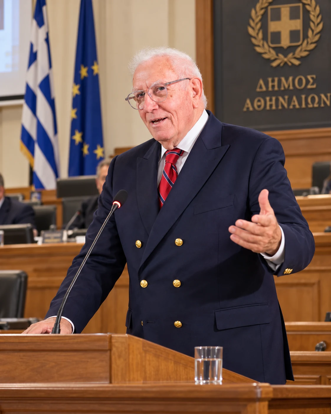 Εικαστική απεικόνιση του Παναγιώτη Ιωάννου να μιλά με το χέρι απλωμένο σε αίθουσα δημοτικού συμβουλίου